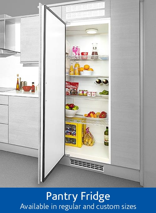 The Corner Fridge is a big fridge, the largest domestic fridge on the UK market. Easy to integrate with kitchen furniture.