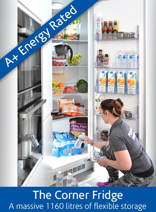The Corner Fridge is a big fridge, the largest domestic fridge on the UK market. Easy to integrate with kitchen furniture.